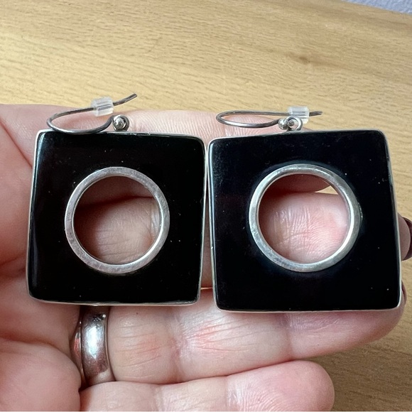 VINTAGE ONYX 925 SS LARGE OVERSIZED STATEMENT DROP DANGLE GEOMETRIC EARRINGS